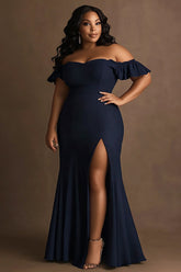 Marineblaues Schulterfreies Langes Ballkleid in Übergröße mit Schlitz